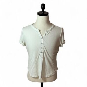 Pilcro White Ribbed Henley Top Button Up Short Sleeve Casual‎ T-Shirt